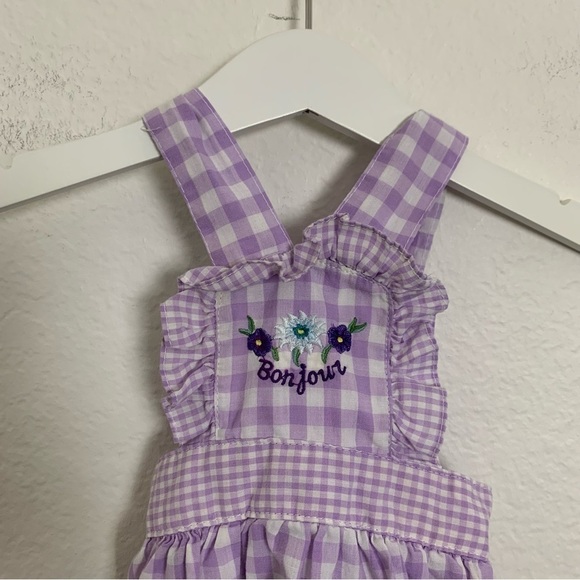 Vintage Baby Ruffle Bottom Romper Purple Gingham Sunsuit Floral Bon Jour - Picture 12 of 14